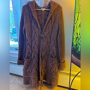 Garnet Hill Long Cable Knit Cardigan with Hood